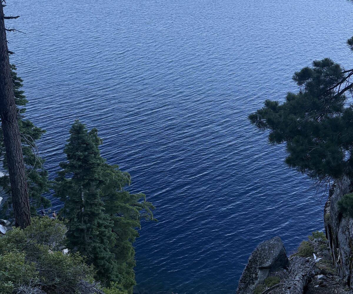 Lake Tahoe seen from a granite bluff through Jeffrey pines, the water deep blue below