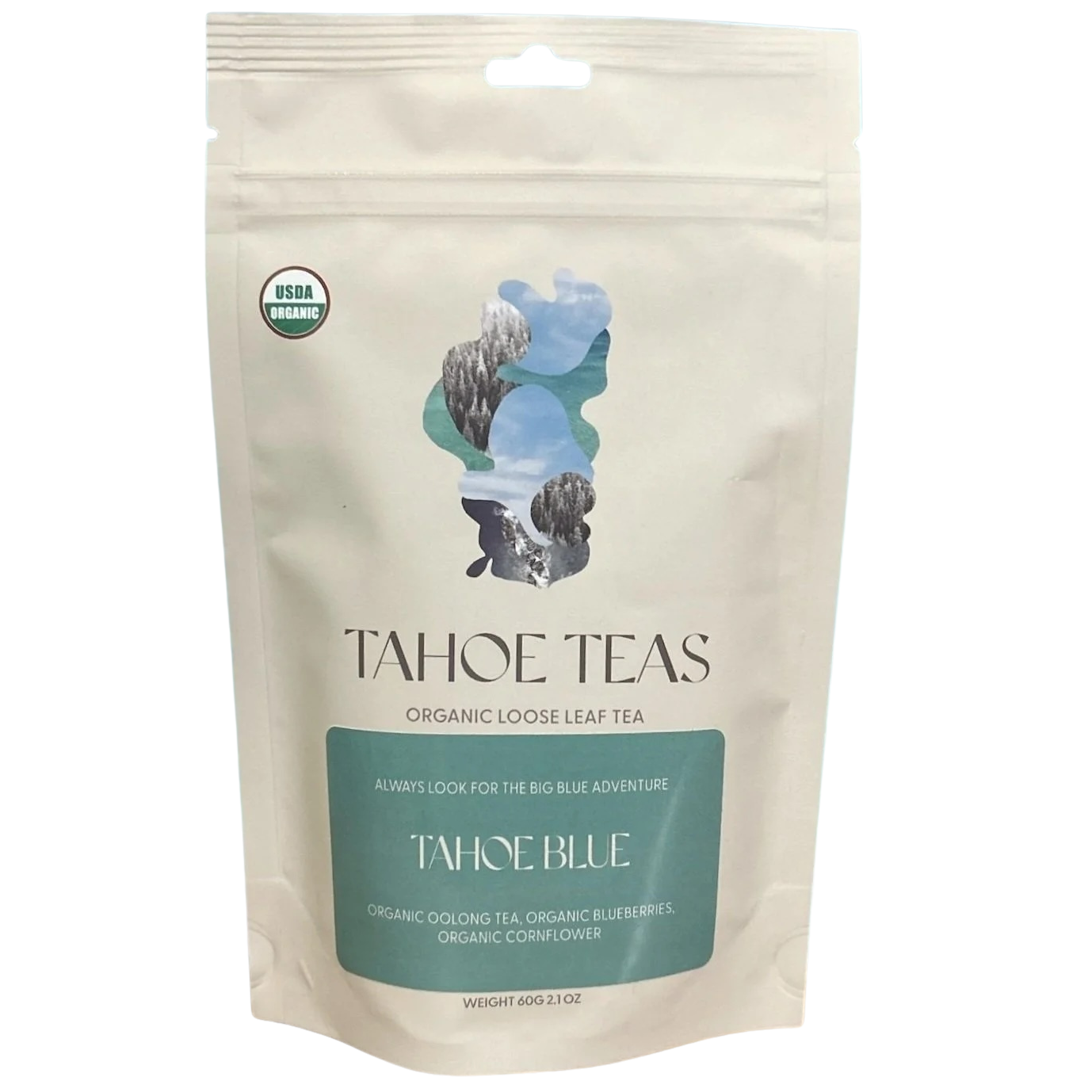 Tahoe Teas Tahoe Blue organic loose leaf tea package on a white background