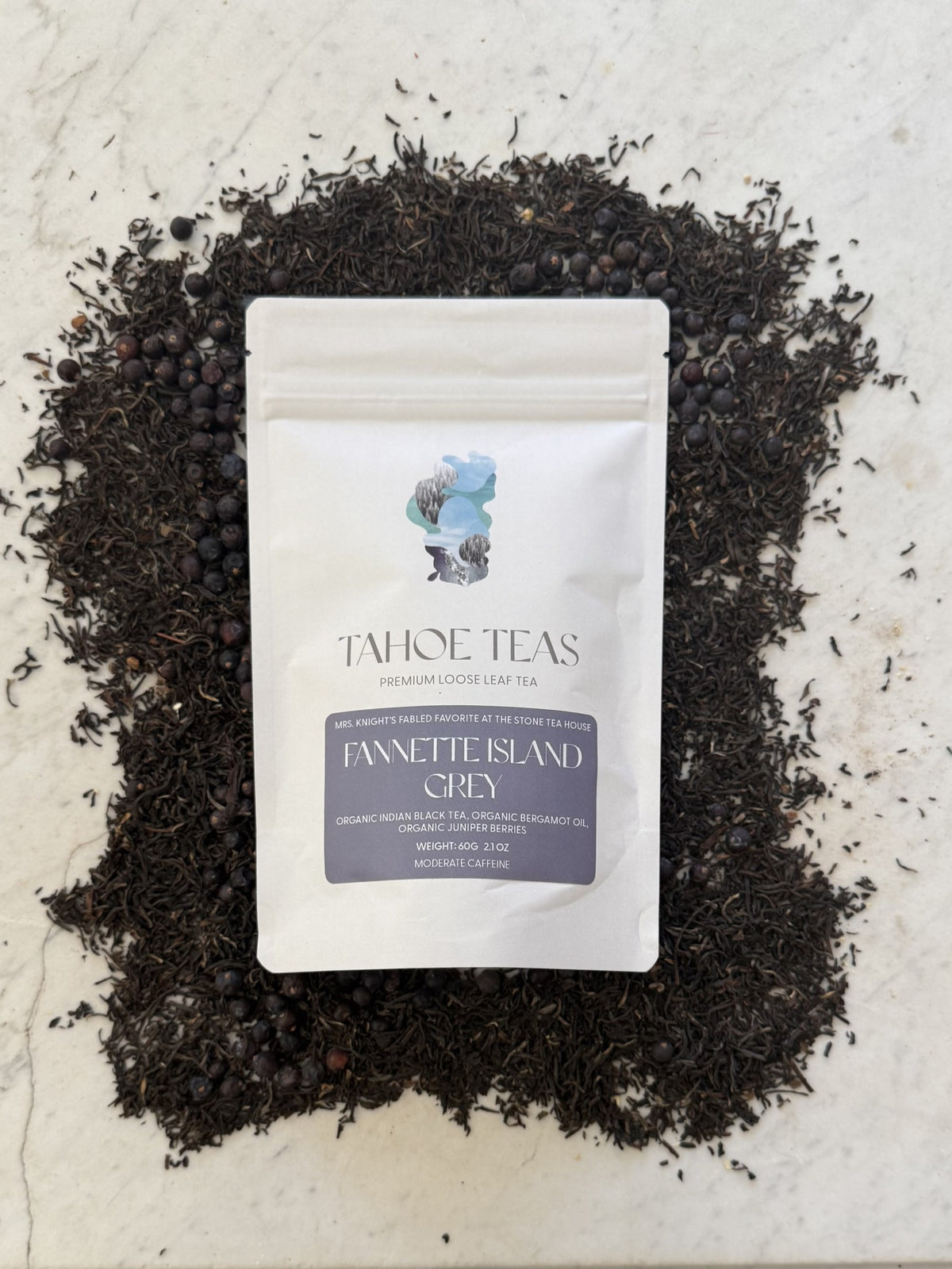 Fannette Island Grey pouch with its loose-leaf ingredients