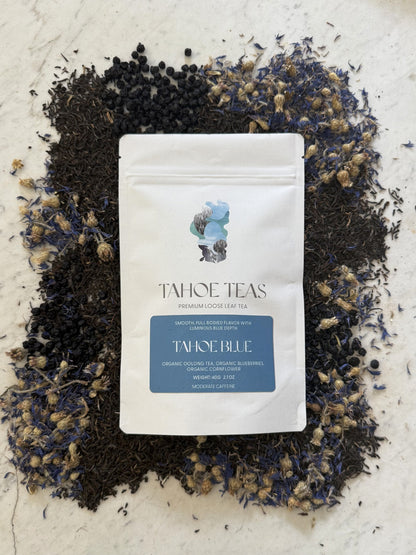 Tahoe Blue pouch with its loose-leaf ingredients